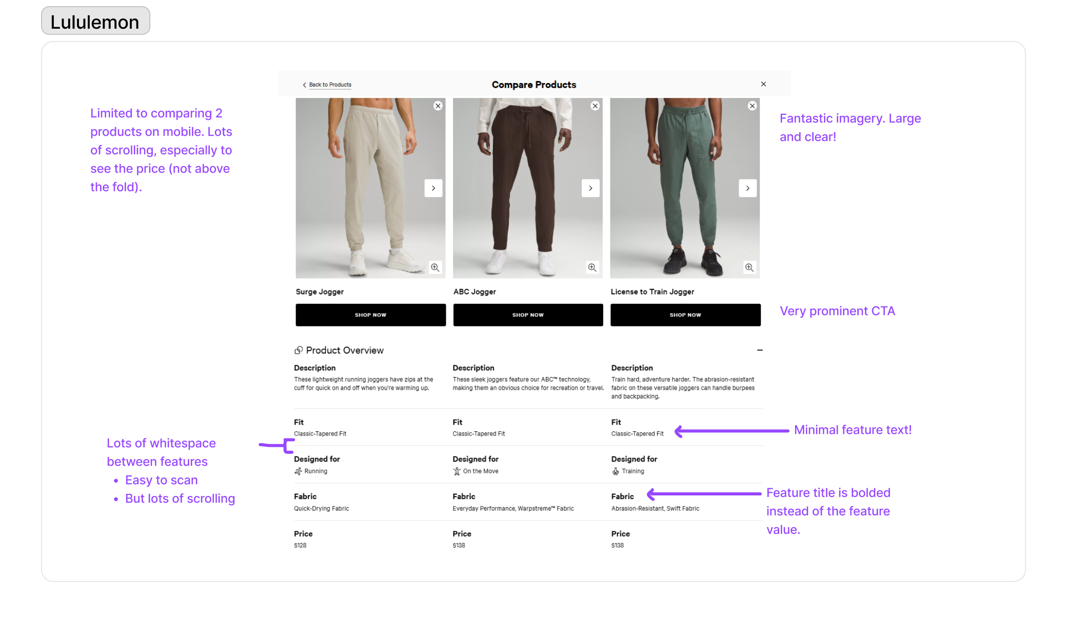 A screenshot of Lululemon's comparison tool. Some takeaways included:
- Lots of white space gives a clean design but results in a lot of scrolling
- Minimal text cuts down on how overwhelming the tool is
- Very prominent CTAs.