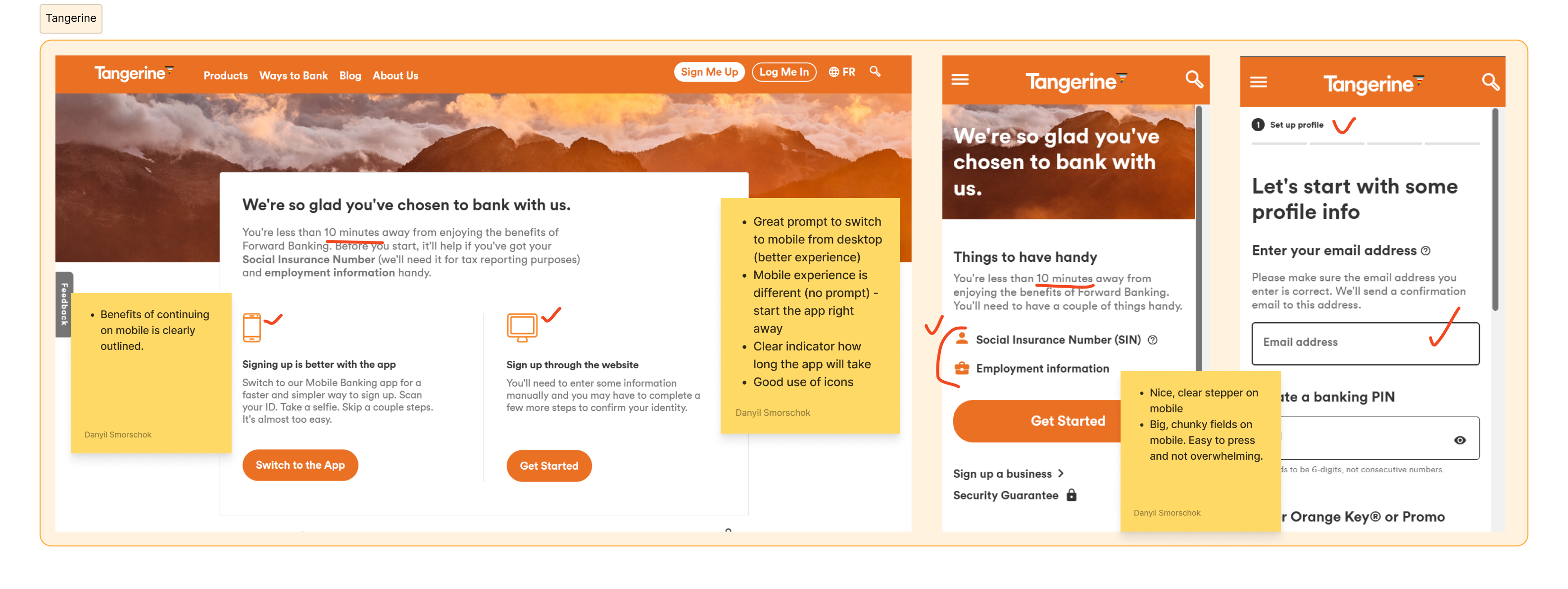 An image of a few Onboarding screens from Tangerine. Takeaways included
- A clear, informative stepper,
- Large, easy to press fields on mobile,
- Limited amount of copy.